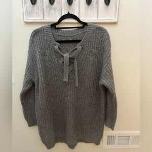 aerie Oversized, Chunky, Lace-Up Gray Knit Sweater, Size L